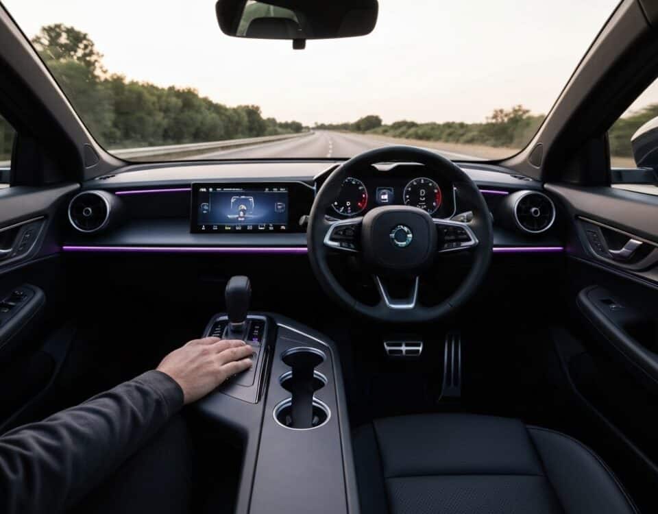 Interieur d une voiture electrique avec conducteur en position de supervision sur autoroute francaise