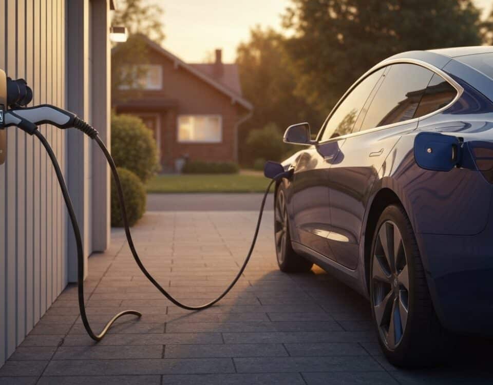 Vehicule electrique en charge sur une wallbox murale a domicile