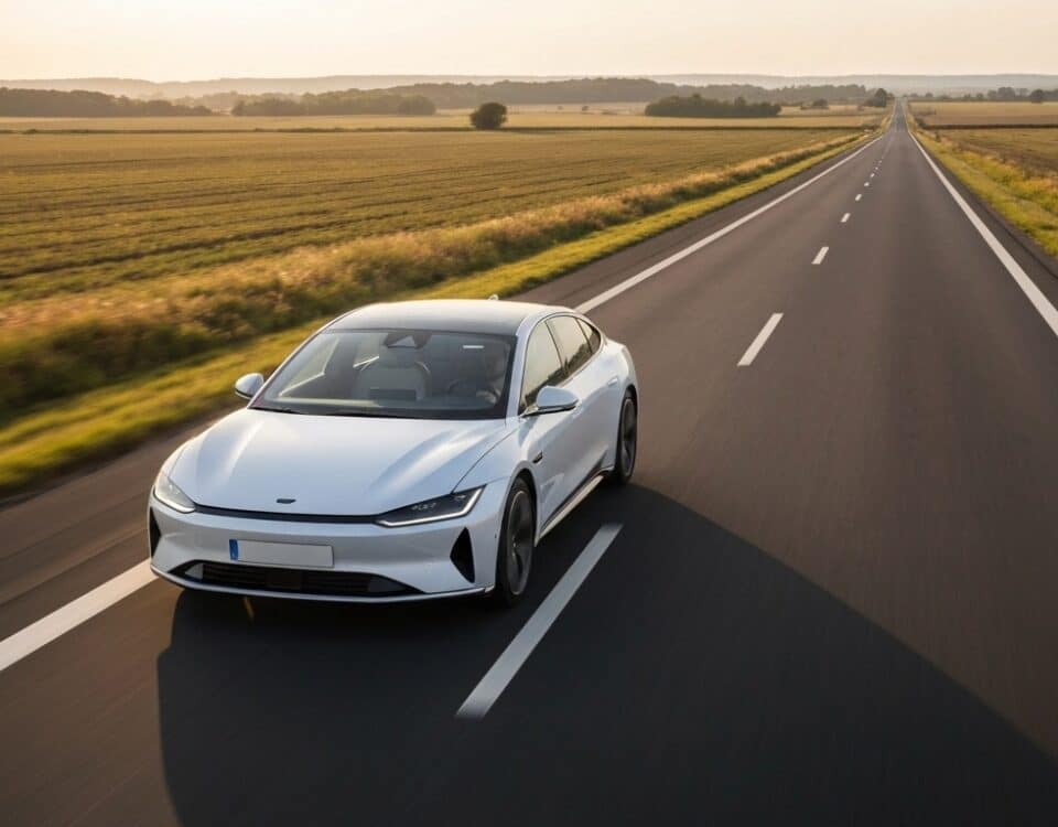Voiture electrique Tesla roulant sur une longue autoroute degagee