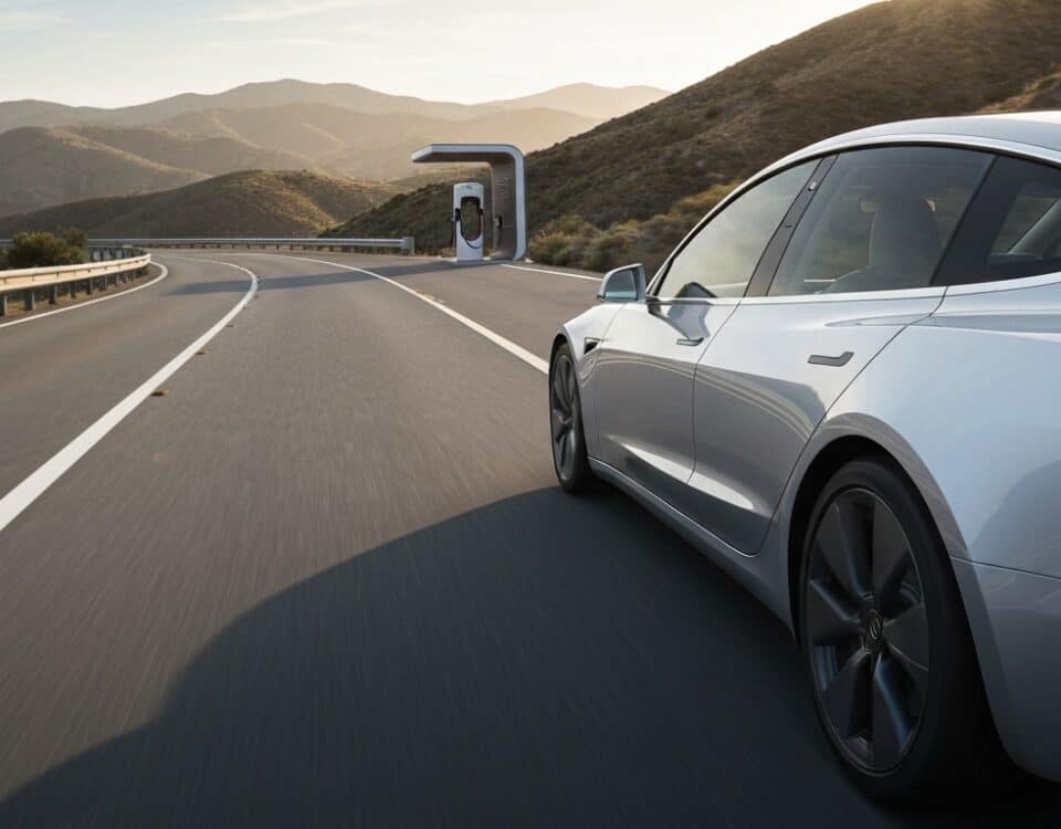 Tesla électrique en road trip sur route panoramique près d une borne de recharge