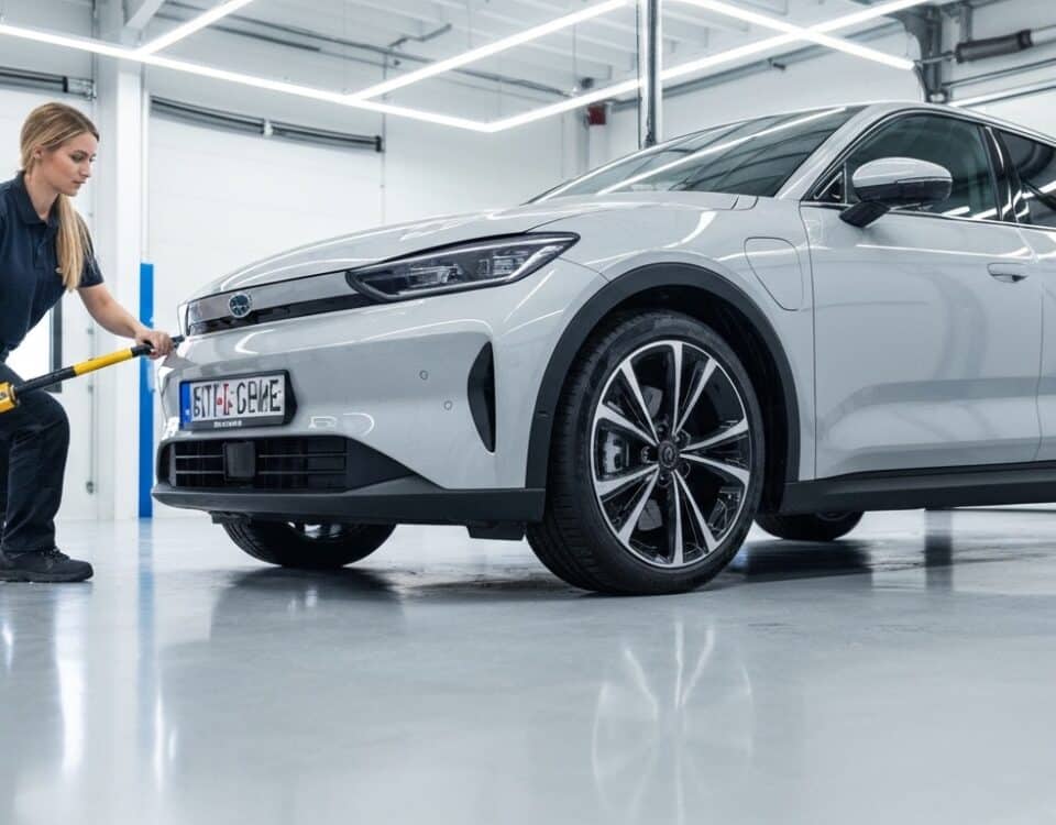 Mécanicien vérifiant un pneu de Tesla dans un atelier lumineux