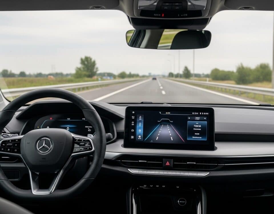 Tableau de bord Tesla avec assistance de conduite Autopilot activée sur autoroute