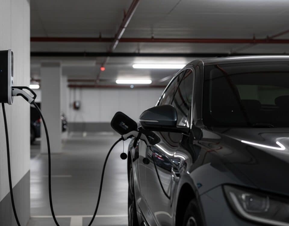 Voiture électrique en recharge sur borne murale dans un parking souterrain de copropriété