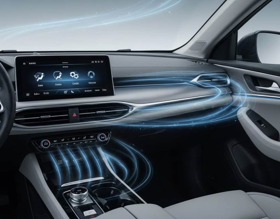 Habitacle d'une Tesla avec interface de climatisation illustrant l'impact sur l'autonomie
