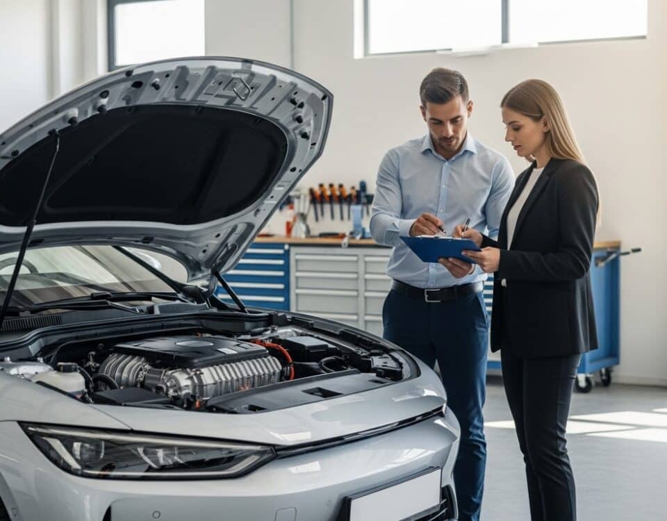 Propriétaire et acheteur examinant une Tesla et ses documents avant une vente d occasion