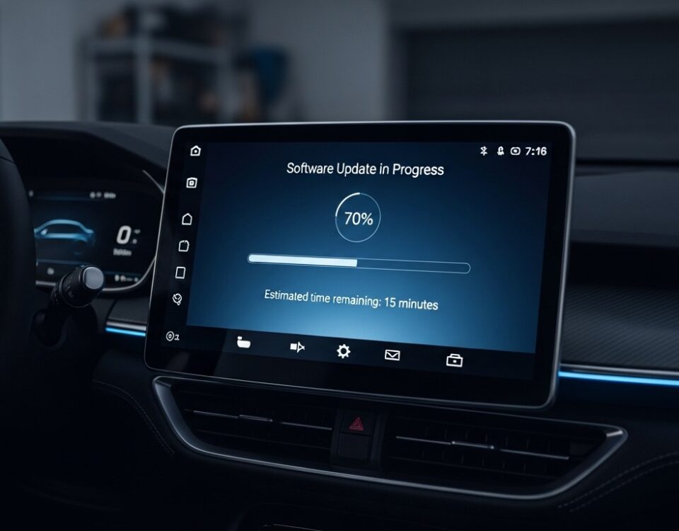 Écran central Tesla affichant une mise à jour logicielle en cours d installation