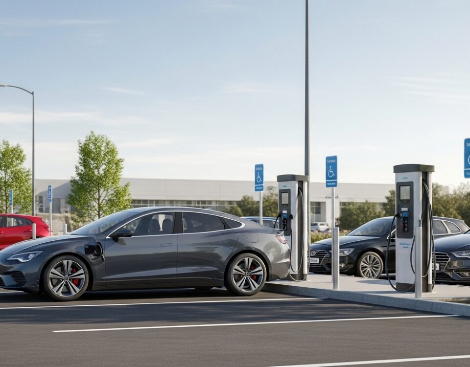 Tesla électrique en charge sur une borne de parking d'entreprise