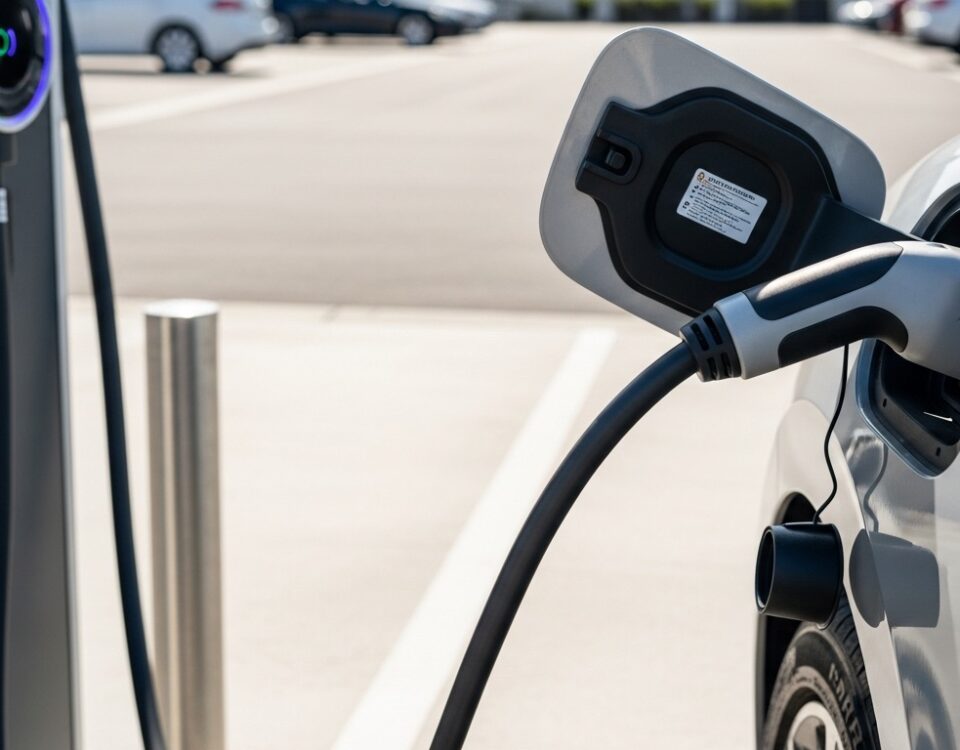 Câble de recharge rapide branché sur le port de charge d une Tesla équipée de l adaptateur CCS