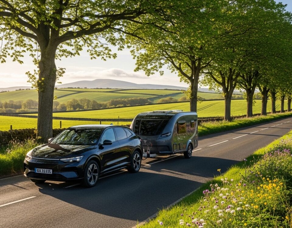 Tesla avec remorque attelée sur une route de campagne