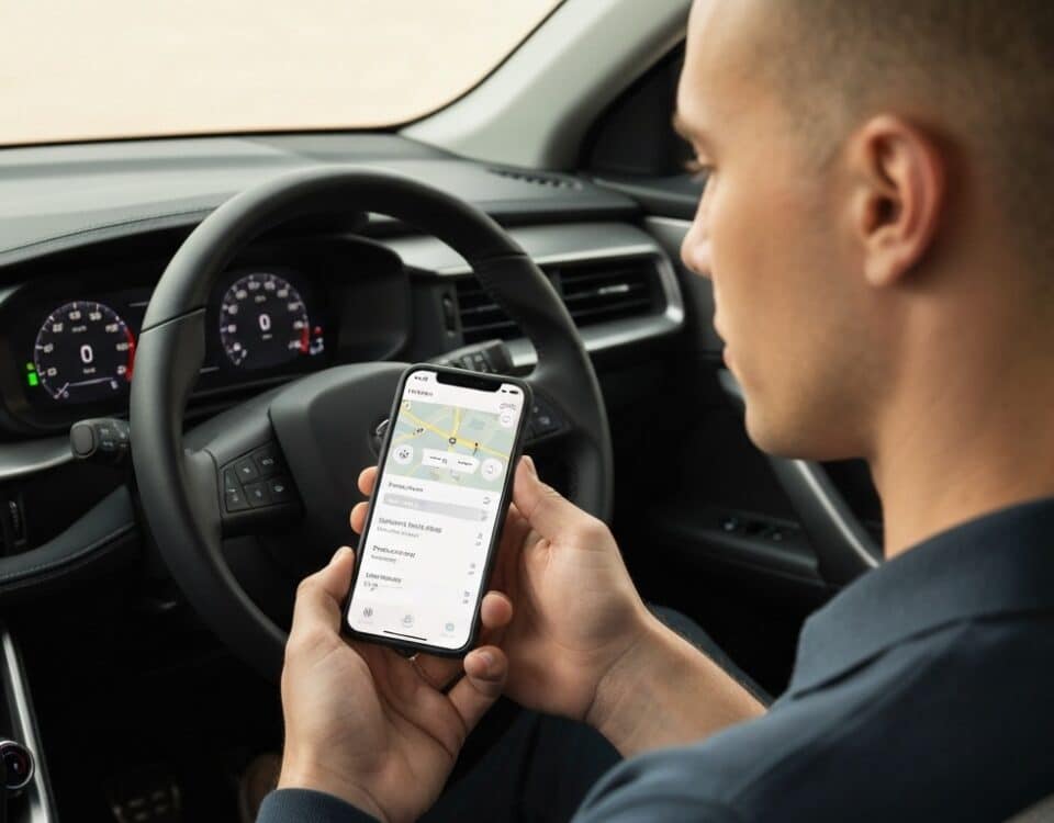 Propriétaire consultant l application Tesla sur son smartphone à côté de son véhicule