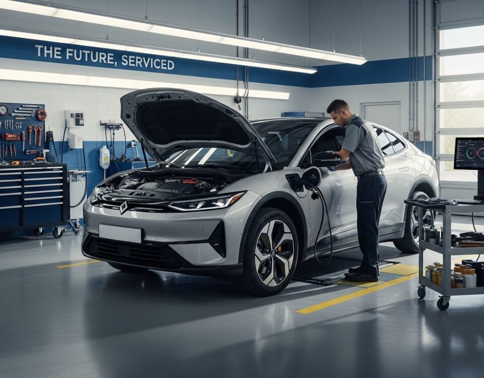 Technicien Tesla intervenant sur un véhicule électrique dans un atelier de service