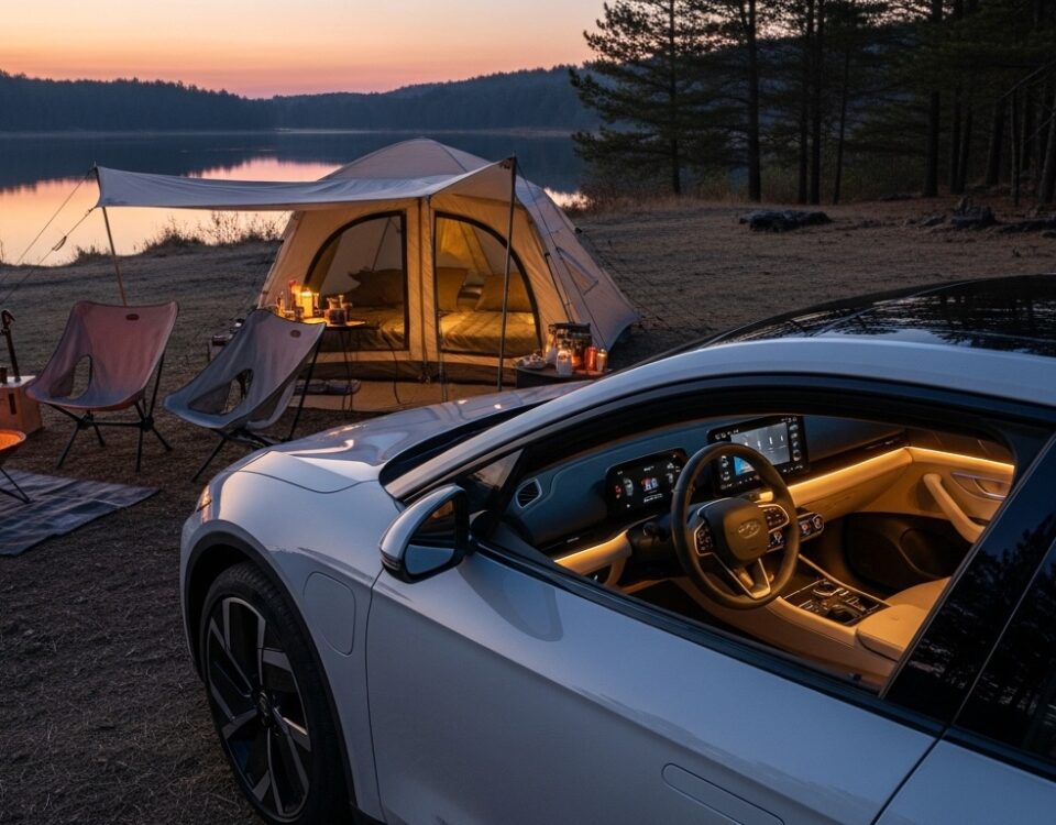 Tesla garée sur une aire de camping en fin de journée, habitacle éclairé