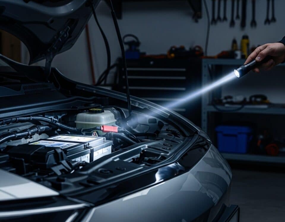 Inspection de la batterie 12V auxiliaire d une Tesla dans un garage
