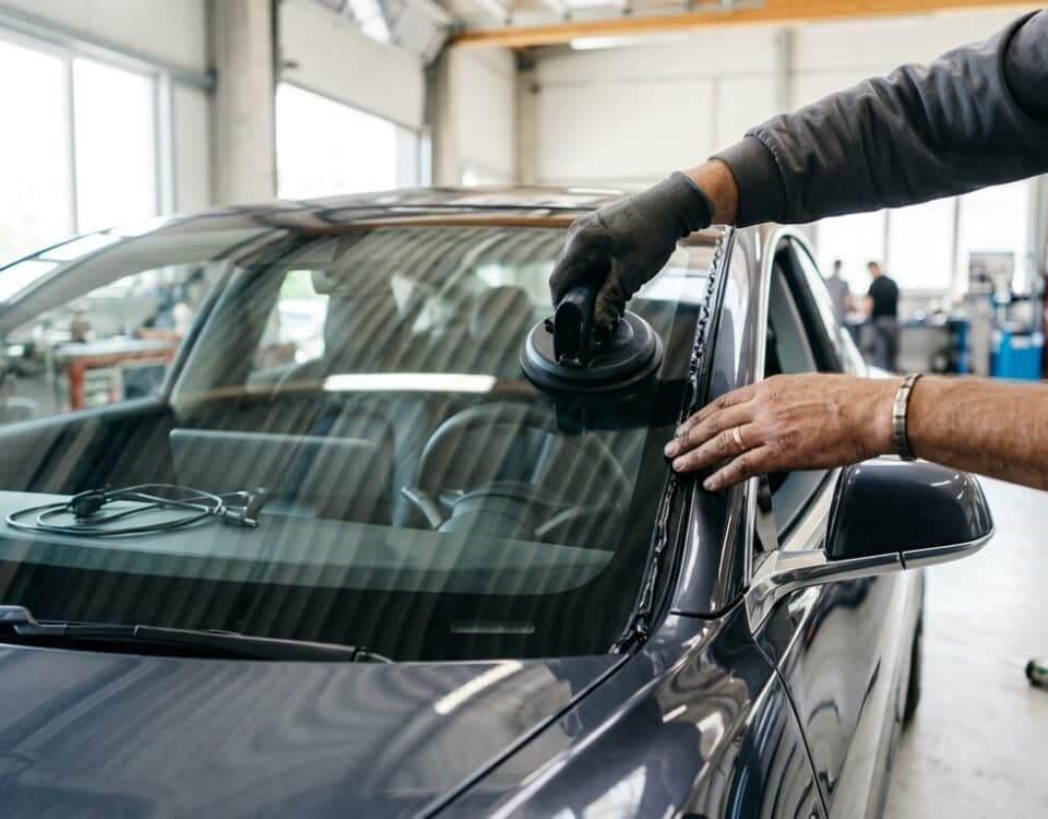 Technicien remplaçant le pare-brise d une voiture électrique moderne dans un atelier vitrage lumineux