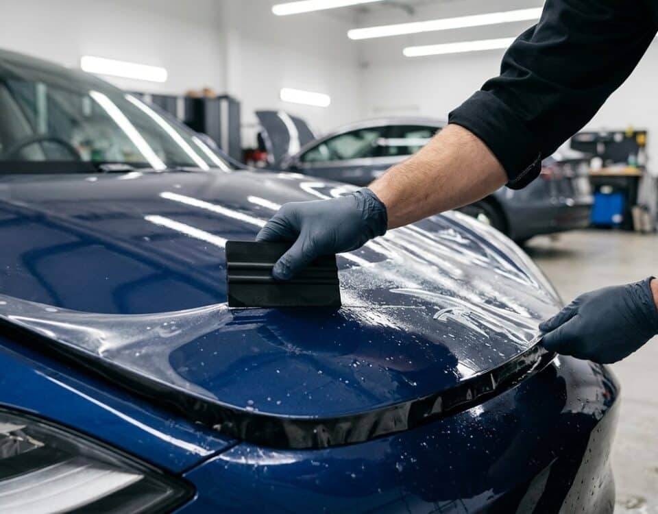 Technicien posant un film de protection PPF sur le capot d'une voiture électrique