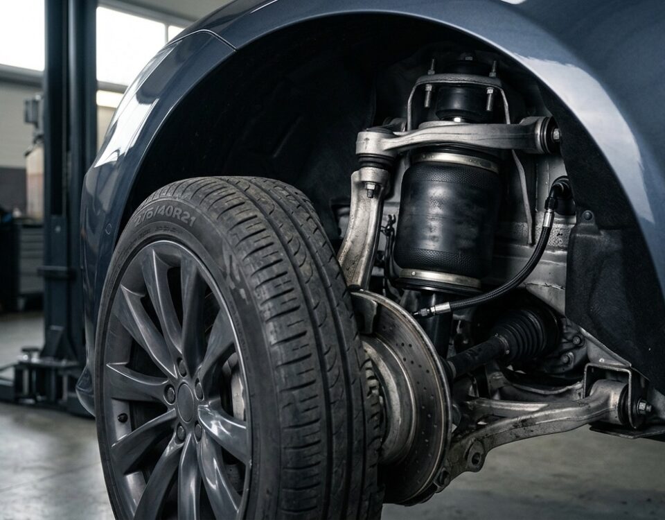 Gros plan sur la suspension pneumatique adaptative d une Tesla, roue et amortisseur