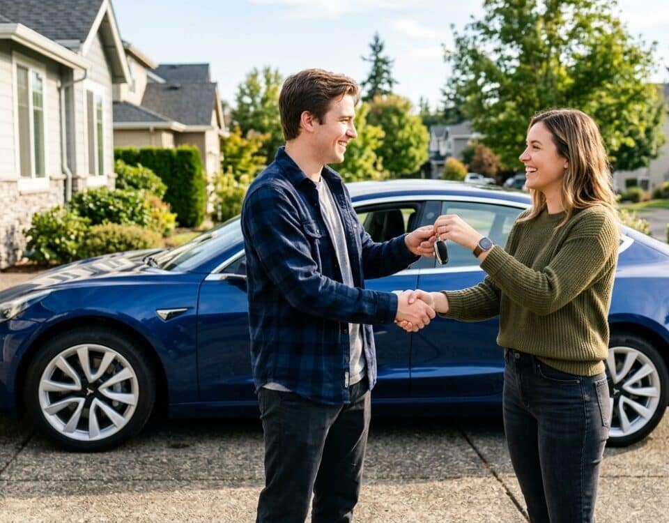 Deux propriétaires Tesla échangeant les clés du véhicule après un parrainage