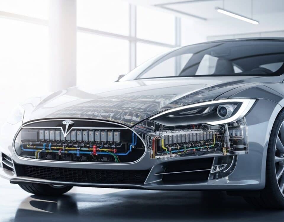 Tesla garée dans un garage moderne, illustration de la longévité de la batterie