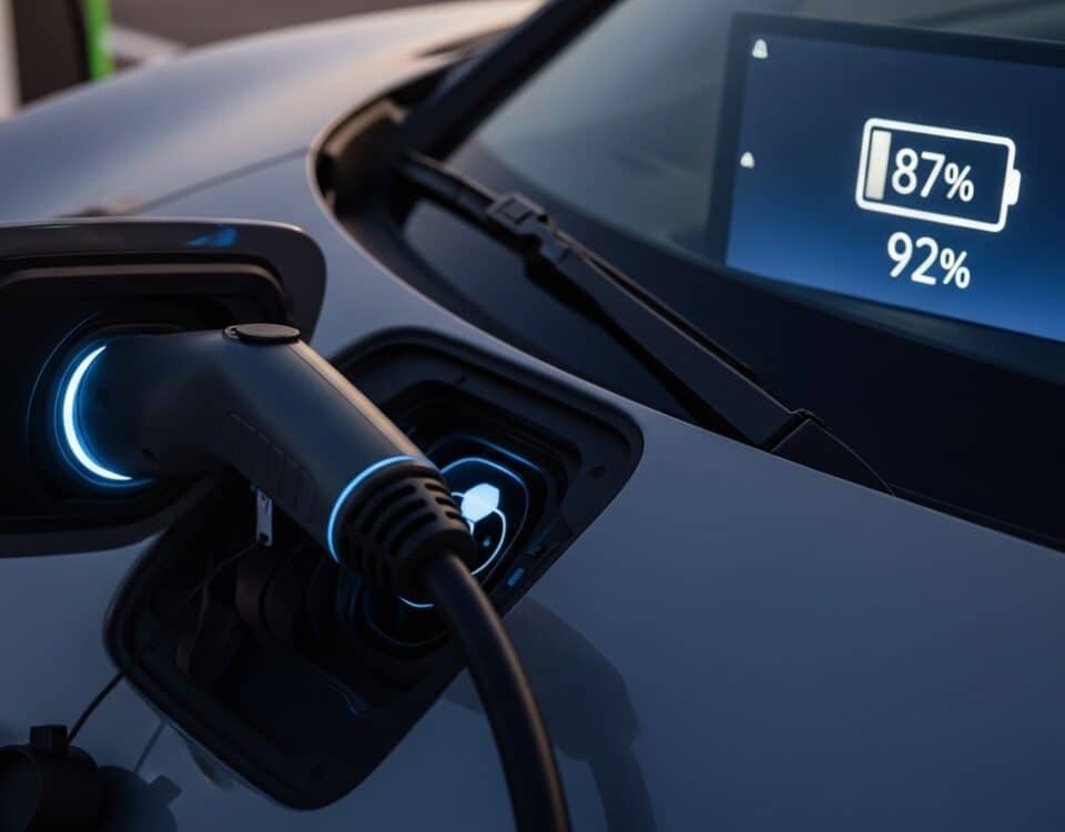Câble de recharge branché sur une Tesla, écran affichant le pourcentage de charge de la batterie