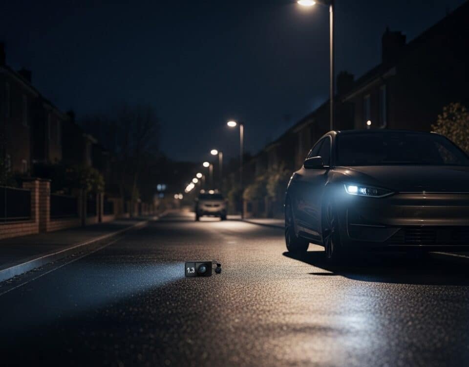 Tesla garée de nuit avec mode Sentinelle actif, caméras de sécurité