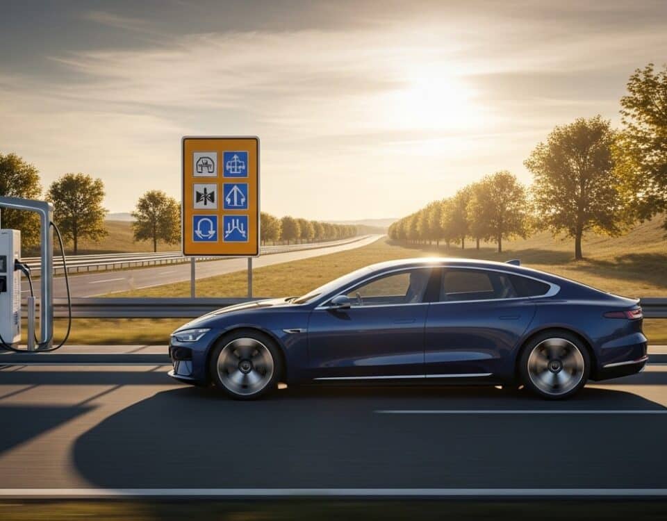 Tesla roulant sur une autoroute européenne près d'un passage de frontière avec une borne de recharge visible