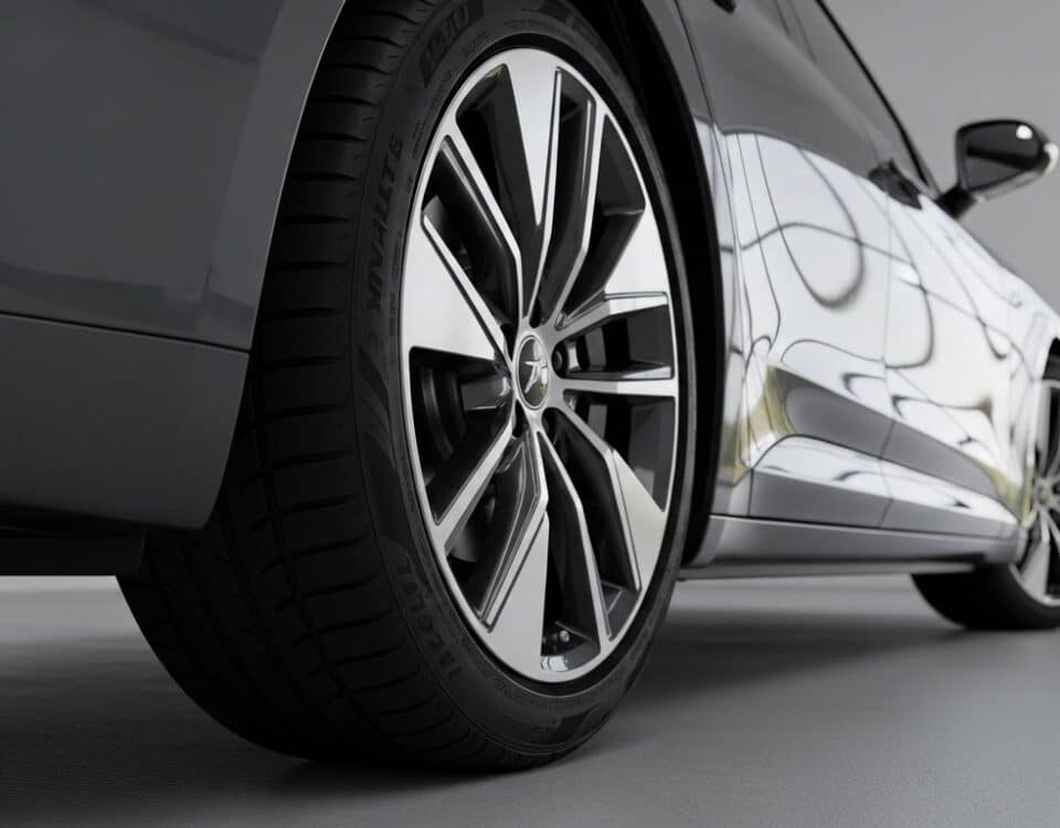 Gros plan sur un pneu et une jante de Tesla montrant la bande de roulement