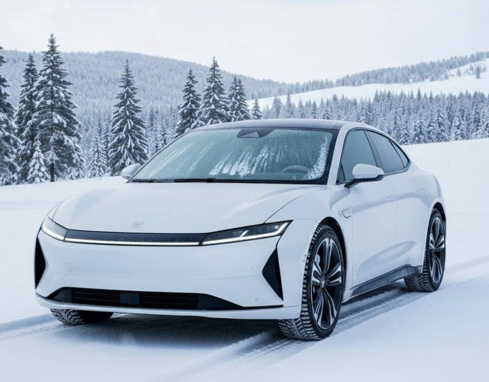 Tesla électrique garée dans un paysage enneigé avec givre sur le pare-brise