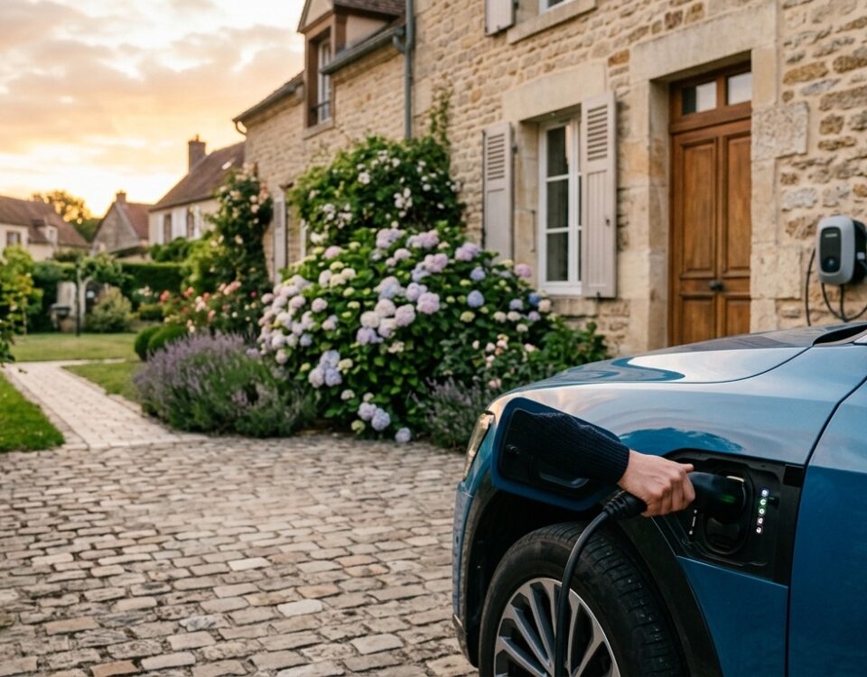 Personne branchant son véhicule électrique à domicile le soir