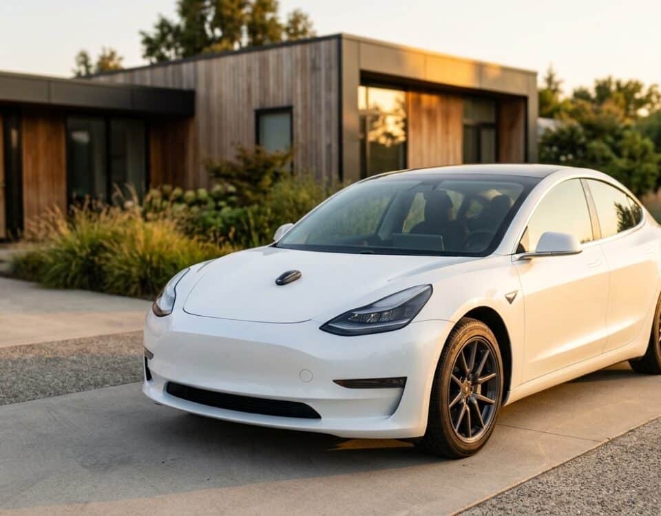 Berline électrique blanche garée dans une allée résidentielle au coucher du soleil