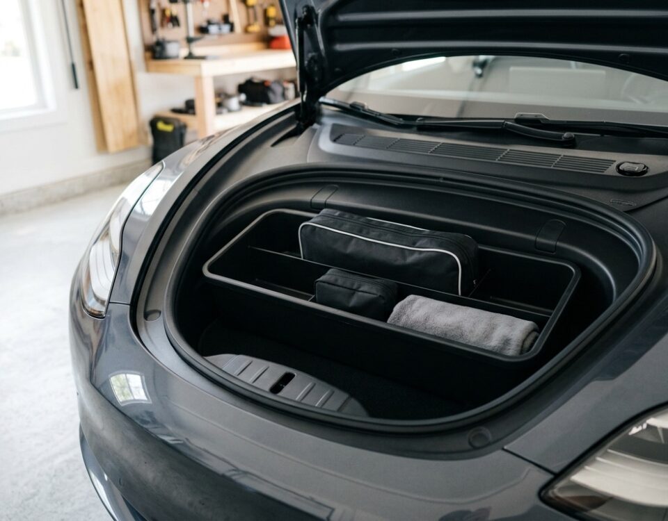 Frunk avant d'une Tesla ouvert et organisé avec un bac de rangement et une trousse de secours