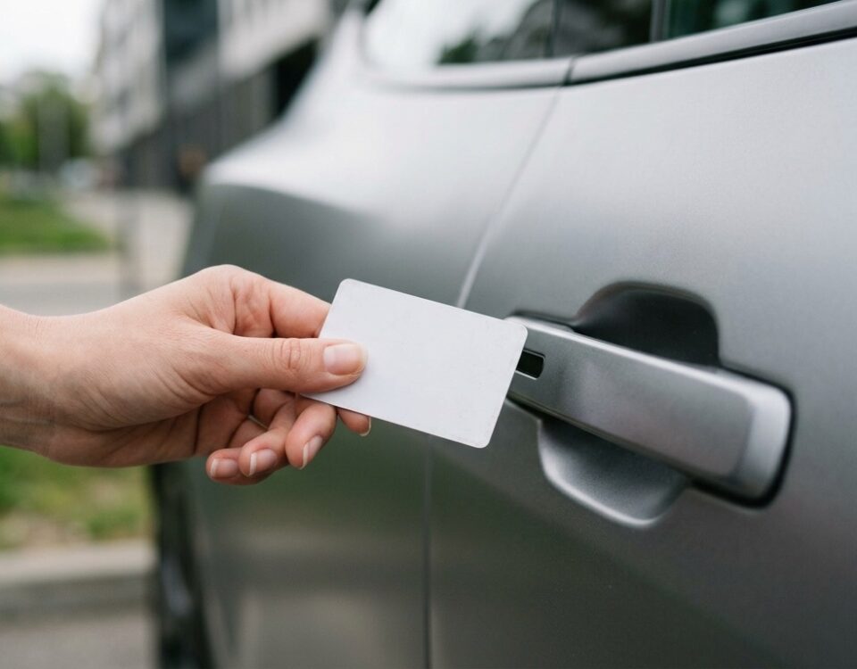 Main tenant une carte clé Tesla vierge devant la poignée de porte du véhicule