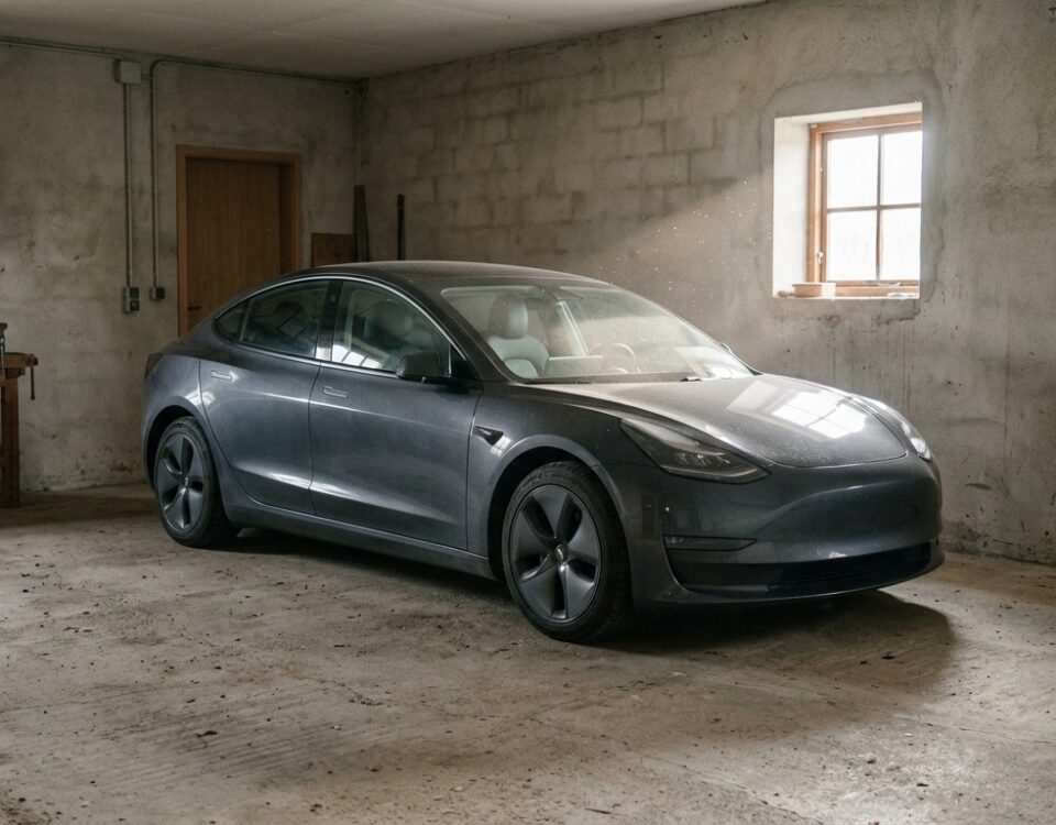 Tesla grise garée dans un garage privé faiblement éclairé par une fenêtre, poussière visible sur la carrosserie