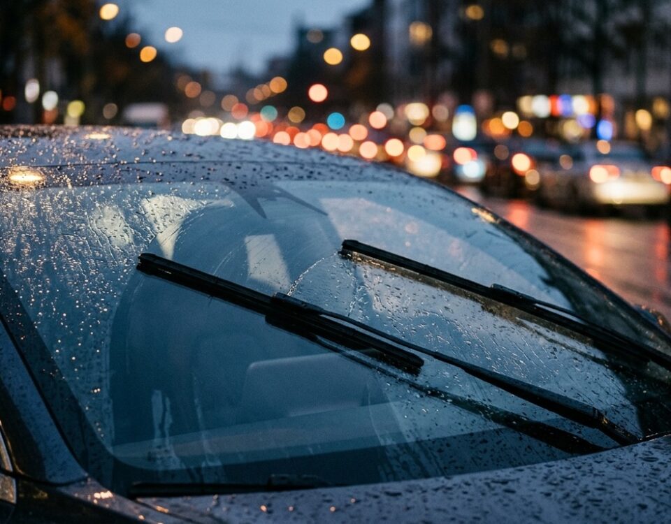 Essuie-glaces en action sur le pare-brise mouillé d une voiture électrique en ville de nuit