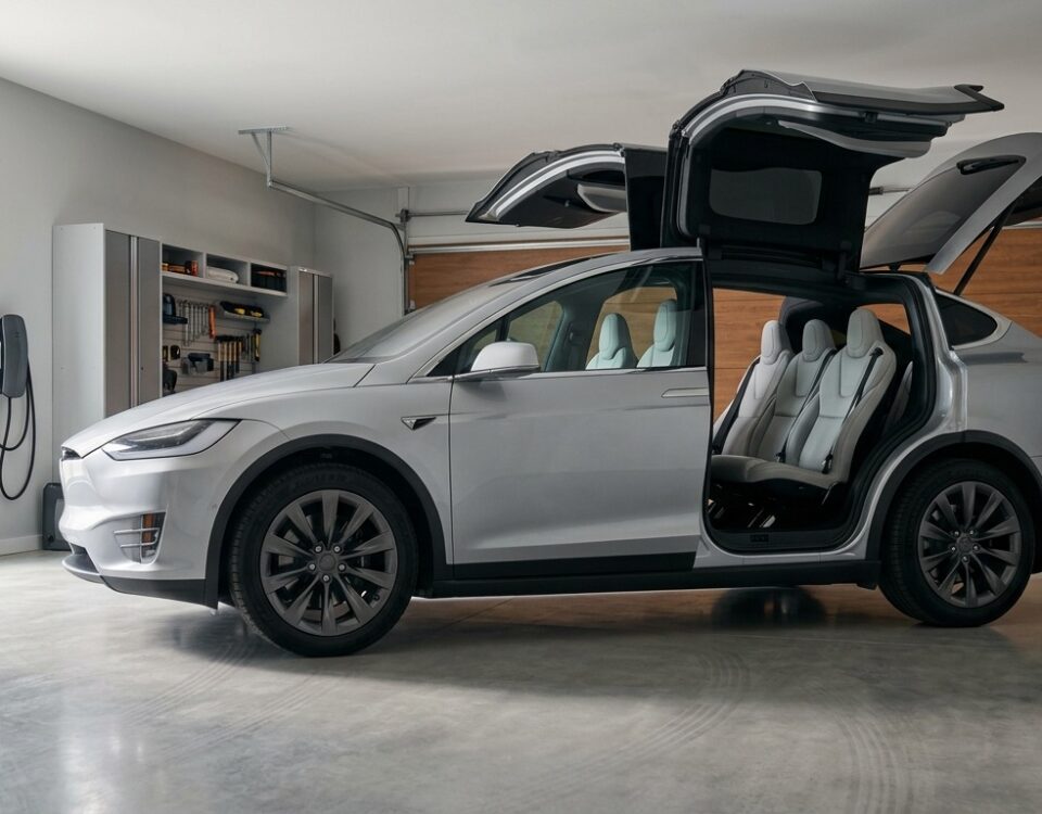 Tesla Model X avec les deux portes Falcon Wing ouvertes dans un garage lumineux