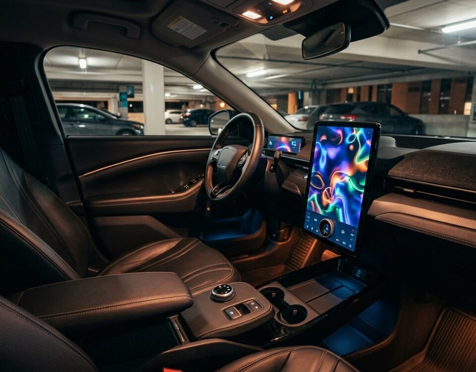 Écran tactile central Tesla affichant une interface de jeu colorée dans un habitacle garé de nuit