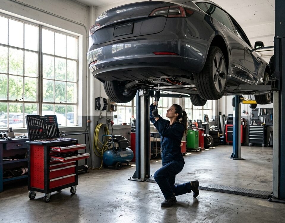 Mécanicienne intervenant sous une Tesla sur pont élévateur dans un garage indépendant