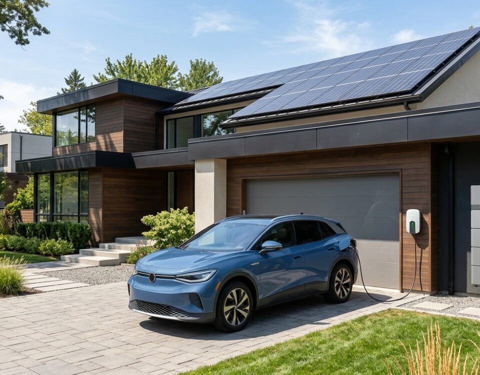 Maison équipée de panneaux solaires et d'une batterie domestique, avec véhicule électrique en charge dans l'allée