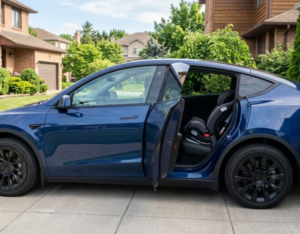 Tesla avec portière arrière ouverte montrant un siège auto enfant installé sur la banquette