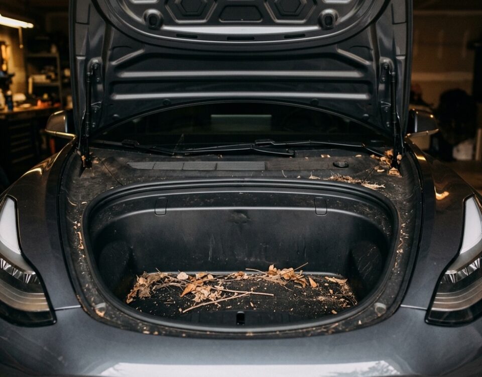 Frunk ouvert d une Tesla avec des feuilles et debris de nid de rongeur