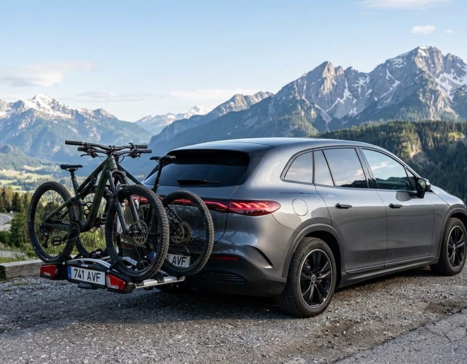 Porte-vélos sur attelage fixé à l'arrière d'un véhicule électrique en montagne