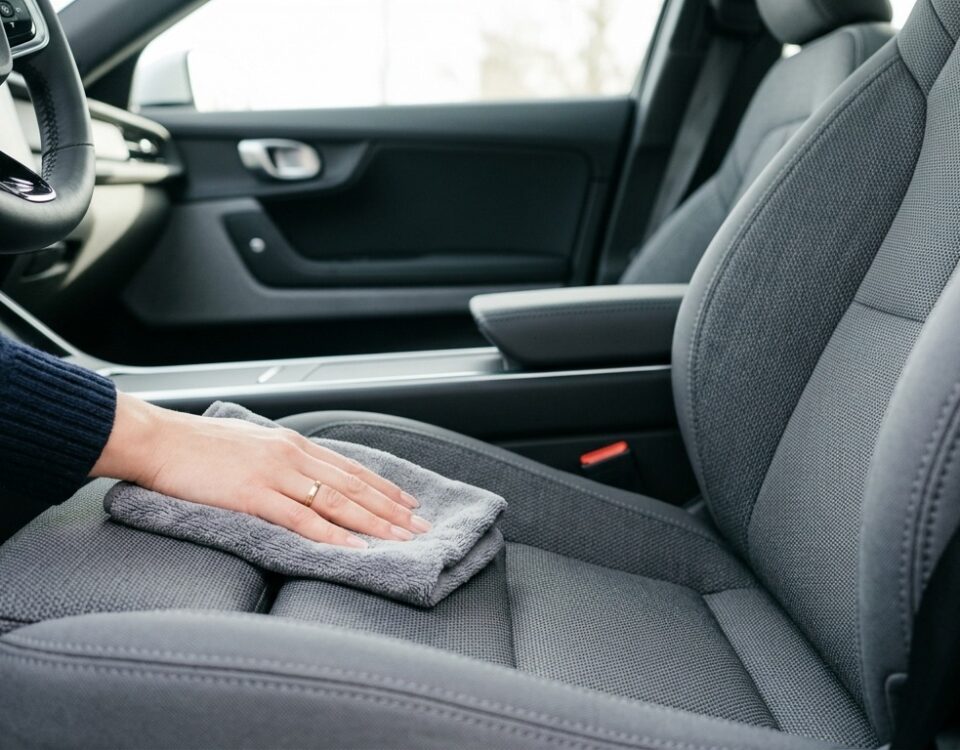 Main nettoyant délicatement le siège en simili-cuir d'un véhicule avec un chiffon microfibre
