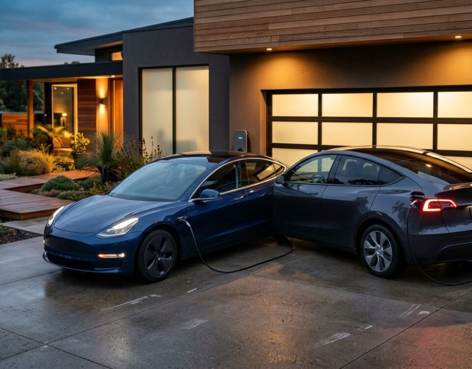 Deux voitures électriques rechargeant simultanément sur deux bornes murales dans une allée de maison au crépuscule