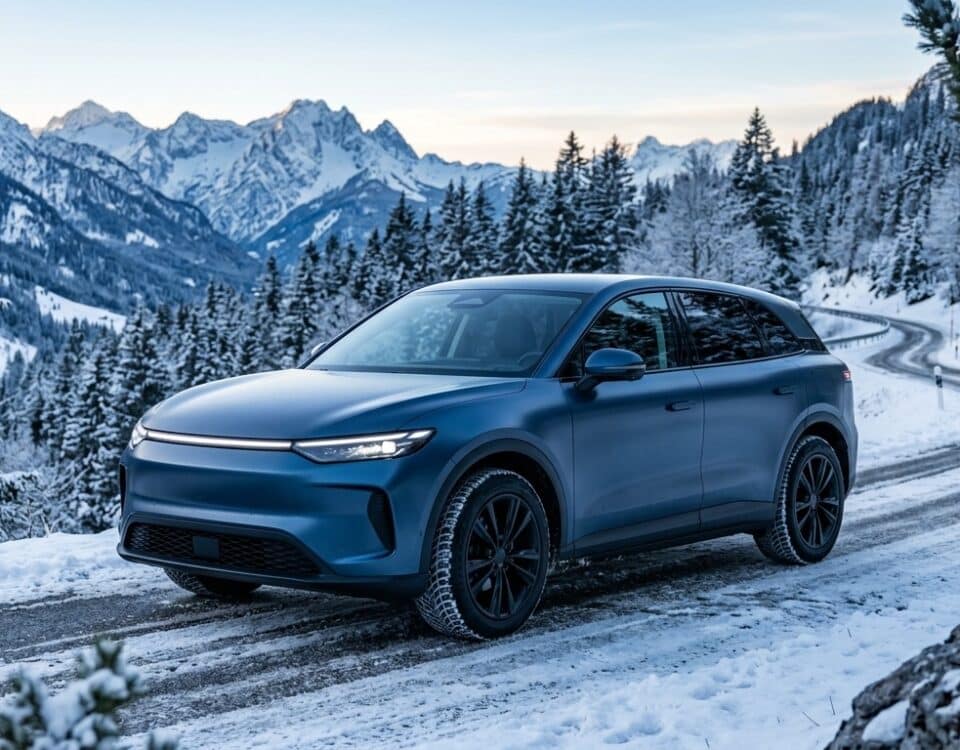 Tesla équipée de pneus hiver sur une route de montagne enneigée
