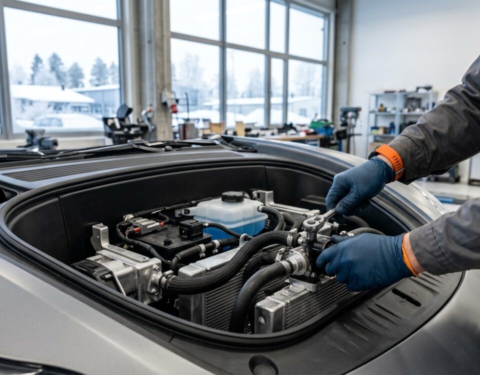 Technicien en gants travaillant sur les durites et le circuit de refroidissement du frunk d une voiture électrique, atelier baigné de lumière, paysage hivernal enneigé visible par la baie vitrée
