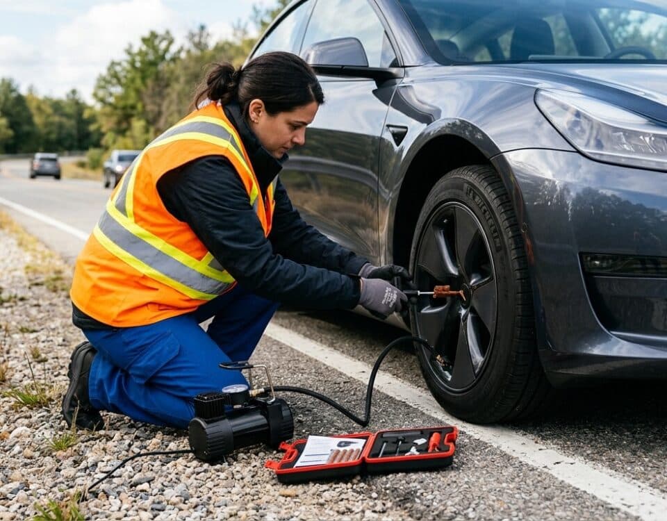 Propriétaire utilisant le kit de réparation anti-crevaison sur une Tesla, bord de route