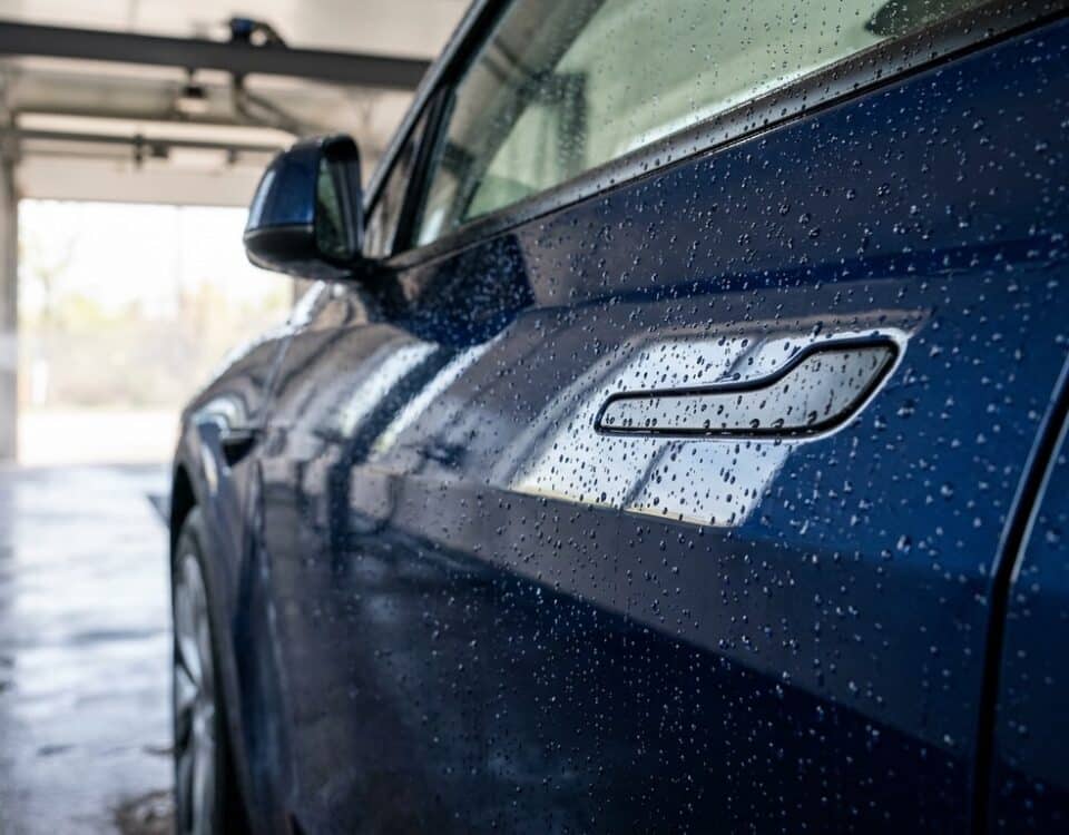 Portière avant d une Tesla bleue couverte de gouttes d eau dans une station de lavage sans contact