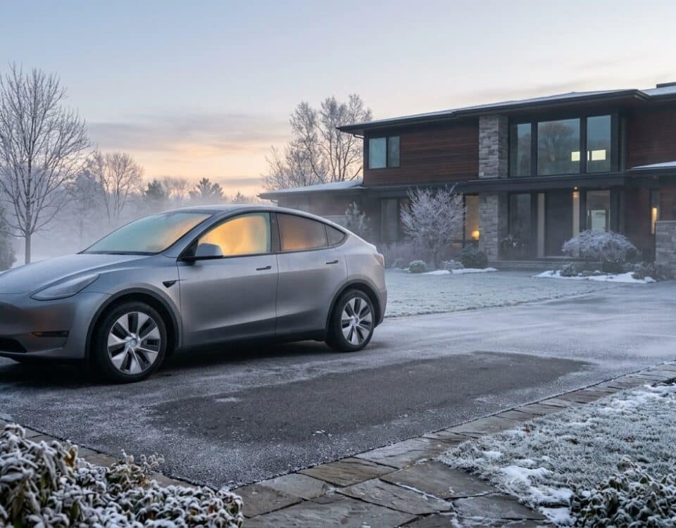 Tesla préconditionnée un matin d'hiver, habitacle déjà chaud avant le départ