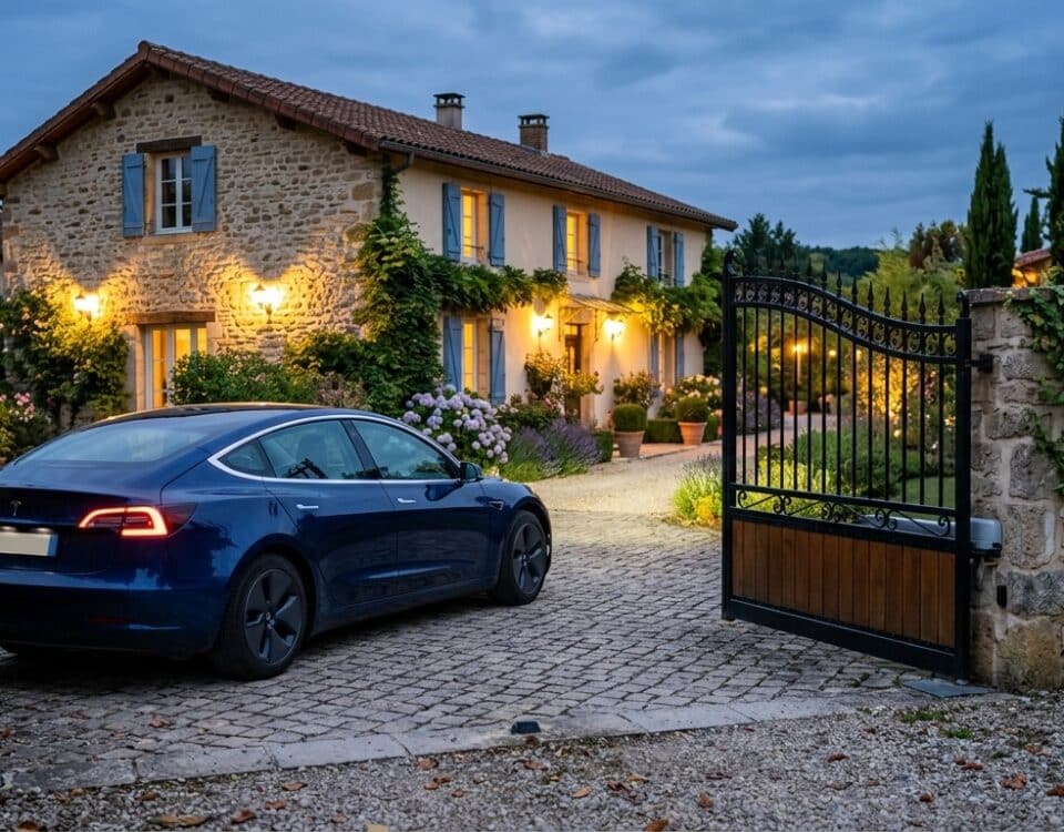 Tesla Model 3 garée devant un portail résidentiel en train de s'ouvrir automatiquement au crépuscule