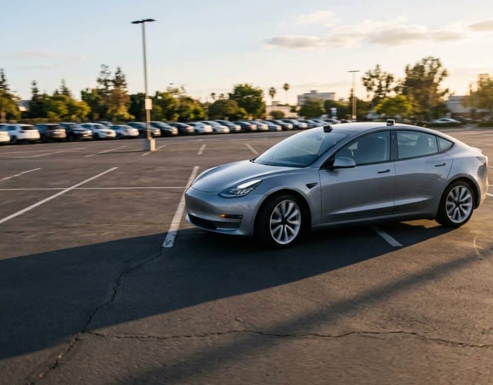 Tesla en Smart Summon manœuvrant seule sur un parking vide au coucher du soleil