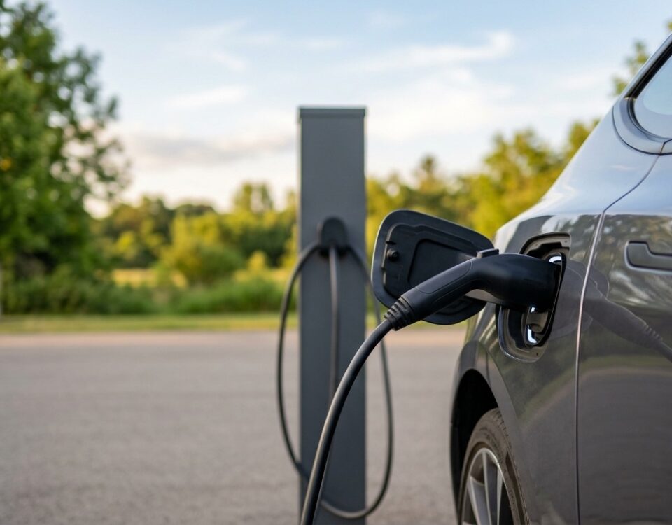 Câble de recharge branché sur une voiture électrique à une borne de recharge extérieure